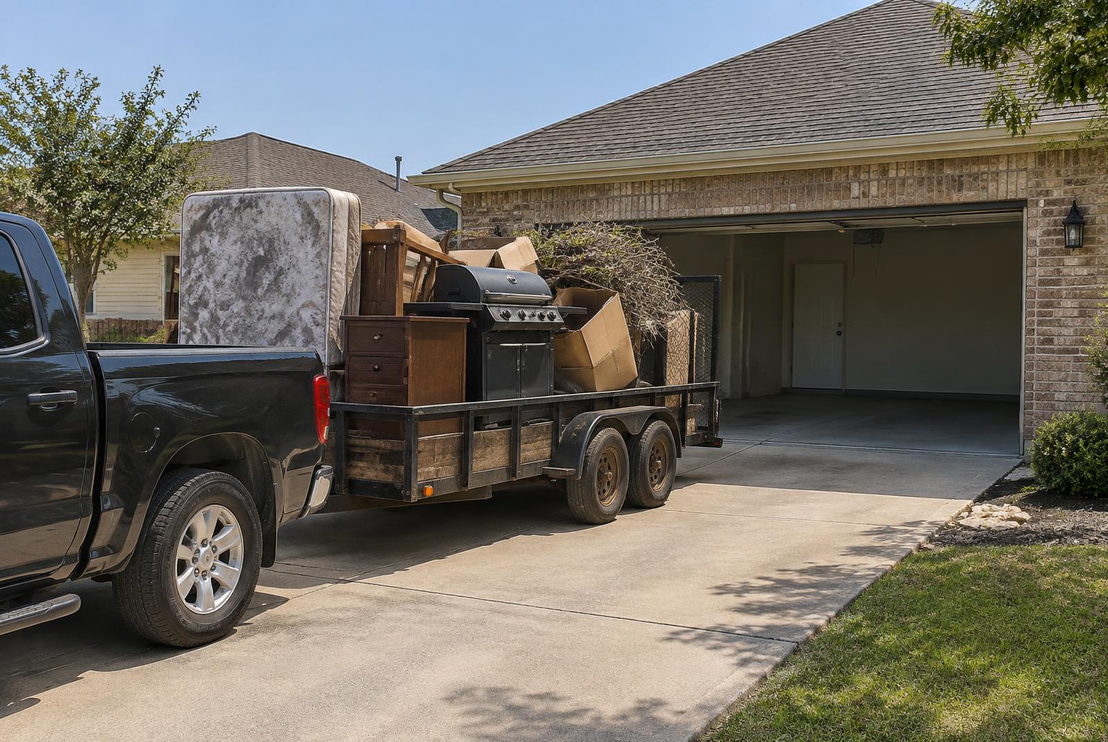 Trailer loaded with old furniture and debris beside an emptied garage